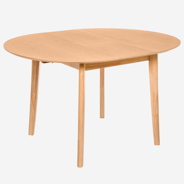 Vista lateral Mesa de Comedor Extensible Redonda Melic 100 a 130 cm Roble abierta Som Casa Slowdeco