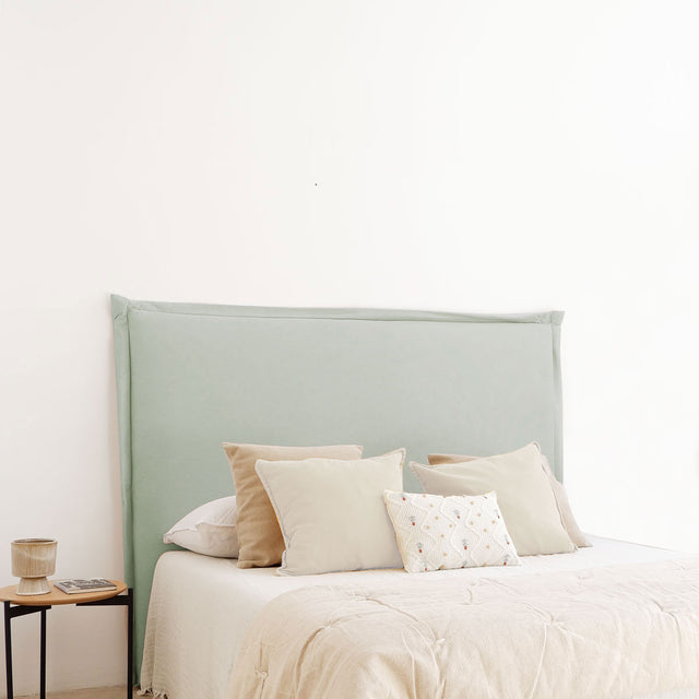 Vista lateral Cabecero tapizado Oporto 100 cm 145 cm 160 cm 190 cm Azul Menta dormitorio Alma Slowdeco