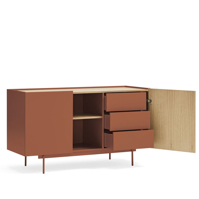 Vista lateral aparador Otto 135 cm Teja puerta cajones abiertos Slowdeco